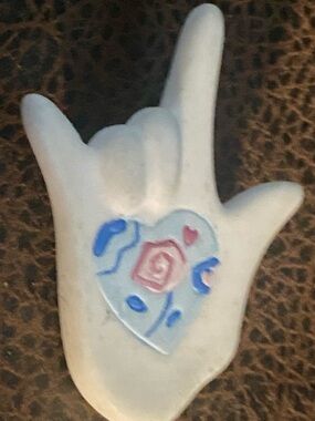 White American Sign Language “I love you” HandArt Pin Accent w/Blue & Pink Heart